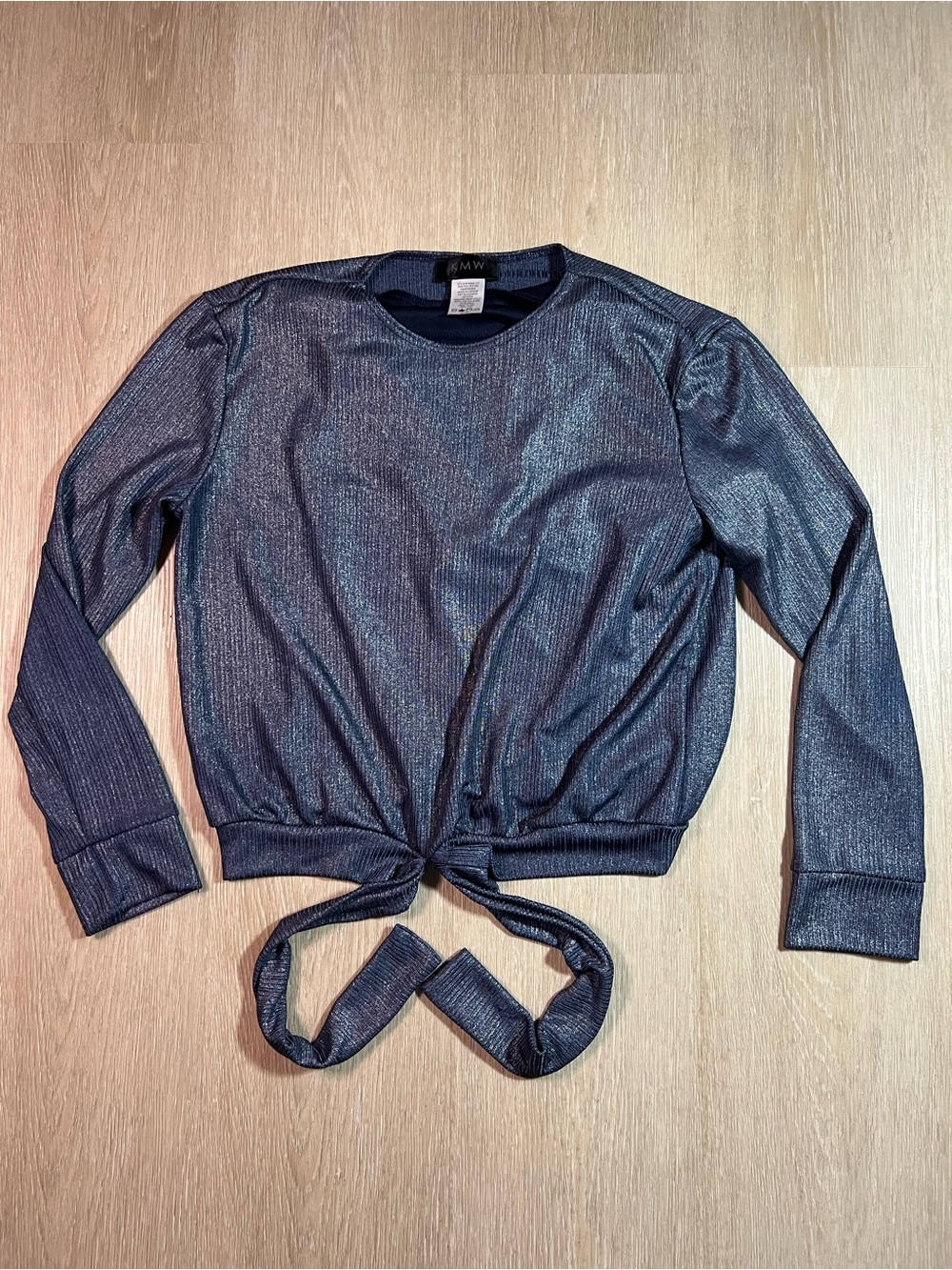 Shimmery Tie-Front Long Sleeve Double Layered Top - Metallic Blue